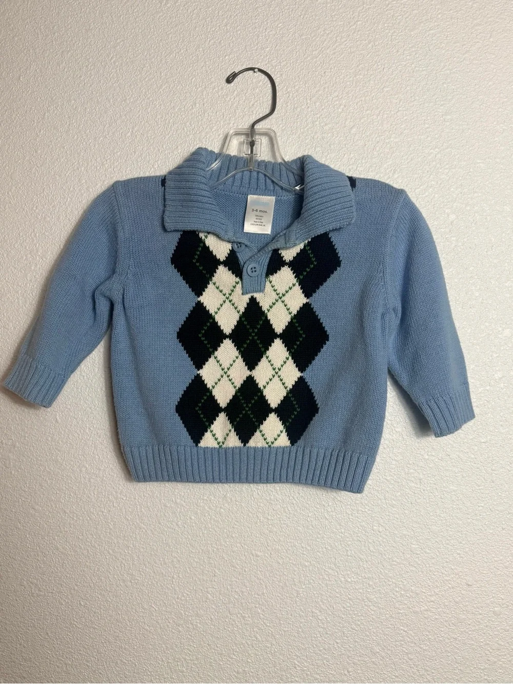 Gymboree Light Blue Argyle Polo Knit Sweater 3-6M VGC